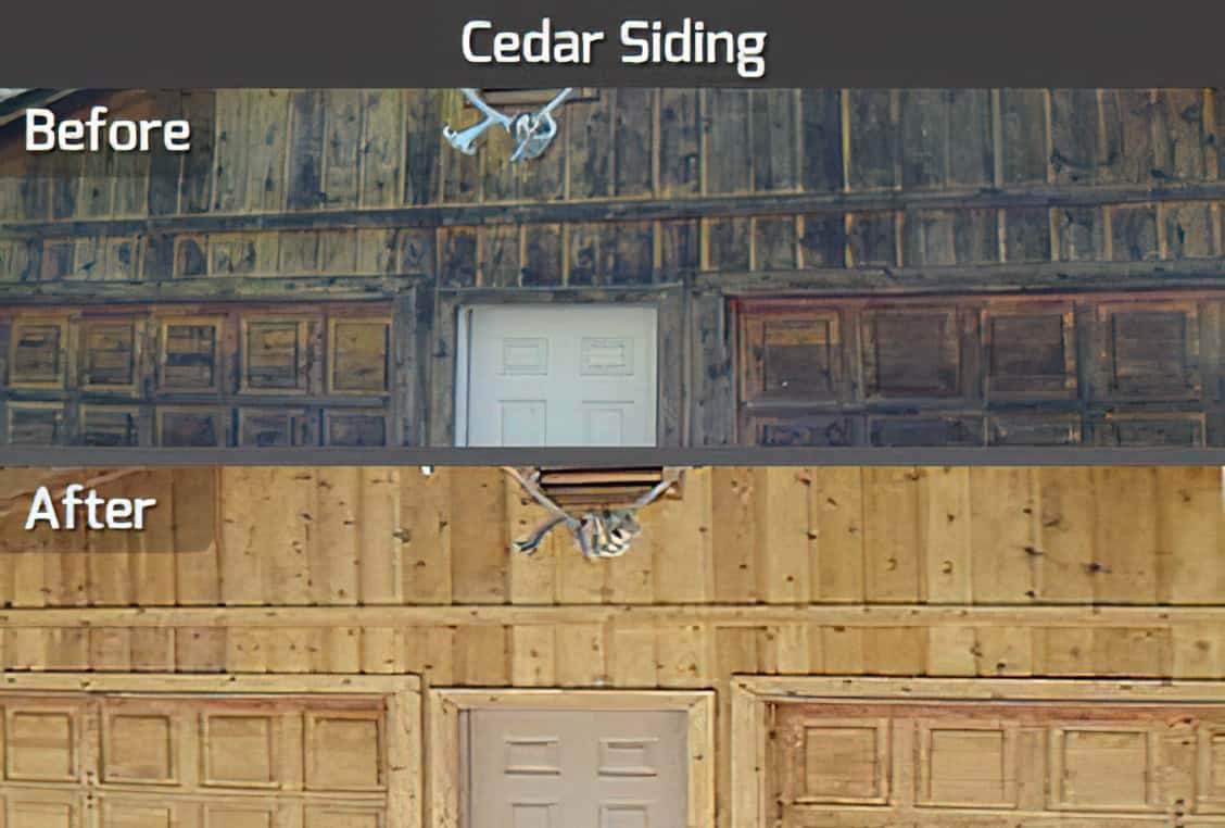 An image split into two sections, with the top half labeled “Before” showing cedar siding that is dark and dirty due to age The bottom half, labeled “After”, shows the same cedar siding restored to a clean and new like state.