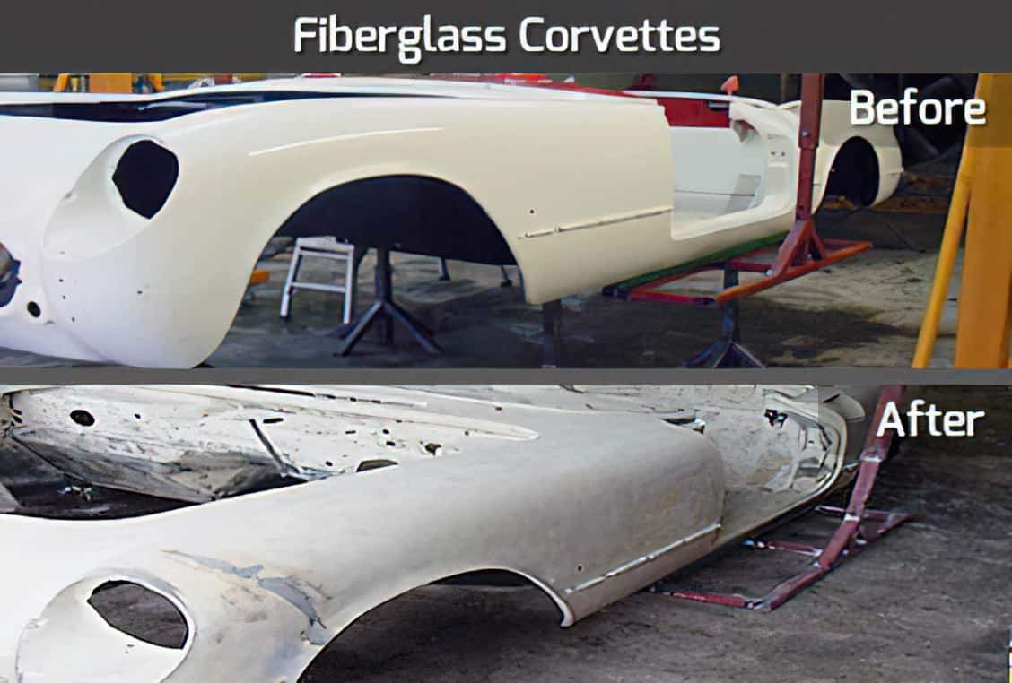 A before and after comparison of a fiberglass Corvette, where the is painted white initially, and then with the paint removed.